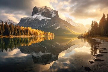 Wall Mural - Canadian Reflections Mountain Peaks in Light Bronze and Amber