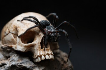 A Large Black Spider Crawls on a Human Skull