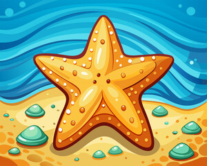 Wall Mural - cartoon vector illustration of yellow starfish, isolated beach background, under sea world