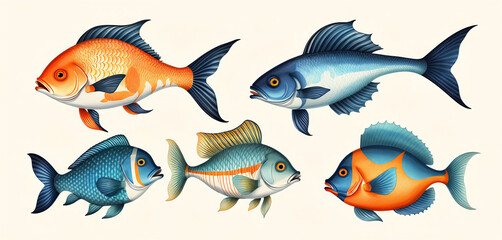 Illustrative and colorful depiction of fishes of different kind in color and shape in a drawn appearing style