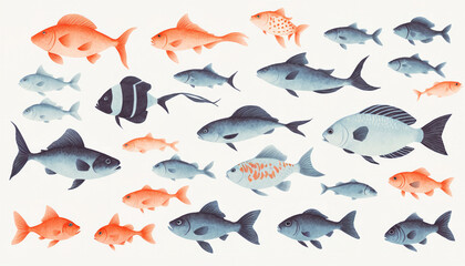 Illustrative and colorful depiction of fishes of different kind in color and shape in a drawn appearing style