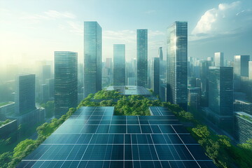 Wall Mural - city skyline with green buildings and solar pannels, sustainability and biodiversity