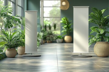 Two Blank Roll Up Banners Mockup with Green Plants in a Modern Office Lobby