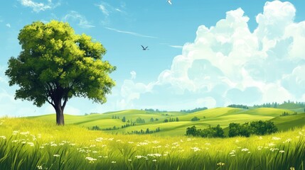 Wall Mural - landscape with green grass and clouds