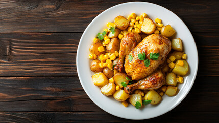 Delicious roasted chicken with potatoes and corn serving on plate on dark wooden table