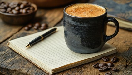 Wall Mural - Coffee Cup with Notebook and Pen on a Wooden Table