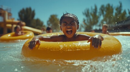 Children enjoying a sunny day at the pool with a yellow inner tube