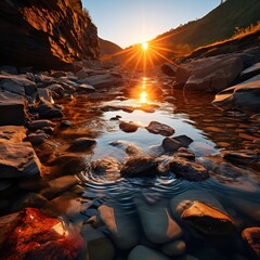 Canvas Print - a river with rocks and sun. 