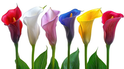 Elegant calla lilies in various colors on a white background