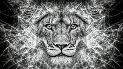 Wall Mural -   A monochrome picture of a lion with numerous light stripes on its face