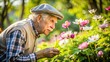 © Man888 - Elderly gardener tenderly sniffs a delicate anemone bloom amidst a vibrant spring garden, surrounded by lush greenery and a serene atmosphere of serenity and tranquility.