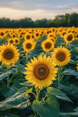 Canvas Print - Sunflowers blooming at sunset in a hillside field