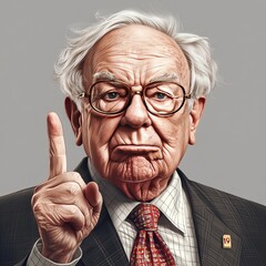 Illustration Warren Buffett, warning index finger as a symbol for too high stock markets