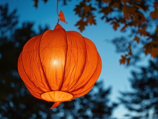 Wall Mural - A single orange paper lantern hangs from a tree branch against a twilight sky.