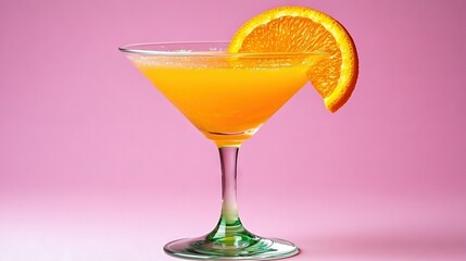   A zoomed-in shot of a drink in a glass, with an orange wedge perched on the edge of the glass