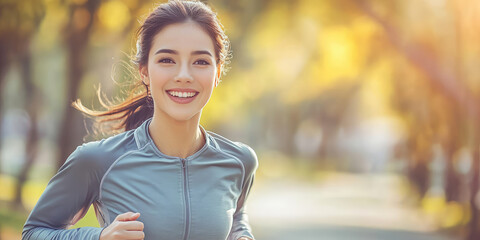 A young beautiful woman in a sports uniform smiles and runs in the park. Morning jogging