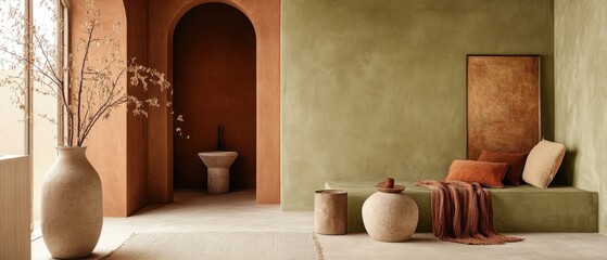 Earthy tones of terracotta and olive green with natural brown accents for a grounded and organic feel