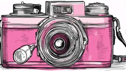 Wall Mural - A drawing of a retro camera, as a flat illustration, done in gouache, pink and magenta