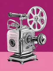 Wall Mural - A drawing of a retro film projector, as a flat illustration, done in gouache, pink and magenta