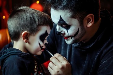 Dad looks focused and loving as he paints his son's face, making sure every detail of the skull makeup looks perfect