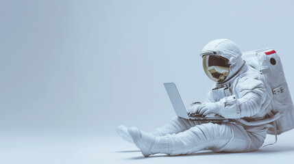 an astronaut in a white suit is seated on the floor, working on a laptop on a clean light gray backg