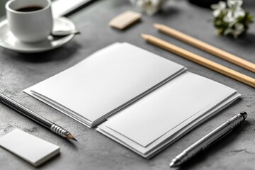 Canvas Print - Blank Stationery Mockup with Pencils, Pen, and Coffee