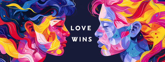 a vibrant, colorful illustration of two faces merging, symbolizing love and unity, with the phrase '