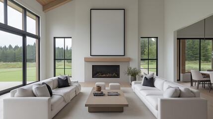 Wall Mural - Frame mock up above fireplace | Spacious living room with Scandinavian decor and neutral colors | Large windows providing views of lush green outdoor landscape