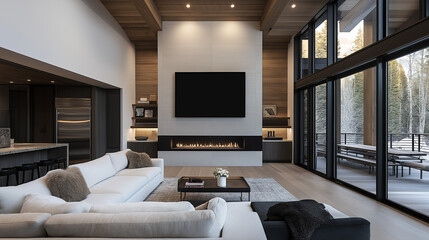 Wall Mural - Contemporary fireplace in luxurious living room | TV Mock Up | Floor-to-ceiling windows showcasing forest view | Elegant open-concept home design