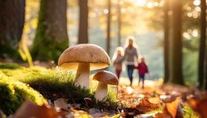 Two large mushrooms growing on the forest floor with people walking in the background.