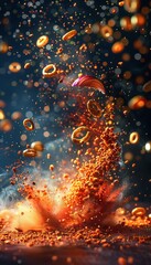 Food Tornado Spices And Cracker Crumbs Exploding In Fiery Motion With Abstract Dust Cloud