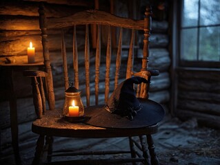 A witch's hat sits on a wooden chair in a dimly lit room with two lit candles. The room is made of log cabin walls and has a window to the left.