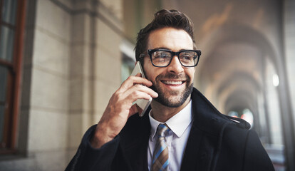 Canvas Print - Business man, phone call and laugh in city for travel, communication and networking with contact. Urban, male person or lawyer with mobile for listening, thinking and interact with client in commute