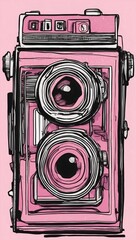 Wall Mural - A drawing of a vintage film camera, as a flat illustration, done in gouache, pink and magenta