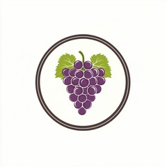 Wall Mural - Grape cluster with minimalist lines inside a circular frame, featuring a flat design in purple and green, isolated on a white background