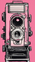 Wall Mural - A drawing of a vintage film camera, as a flat illustration, done in gouache, pink and magenta