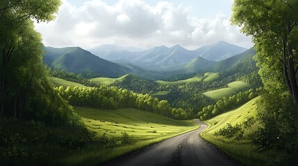 Poster - Winding Road Through Lush Green Mountain Valley