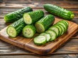 © Man888 - Fresh green cucumbers, technically a type of fruit known as berries, sliced and arranged on a wooden cutting board, ready for a healthy snack or meal.