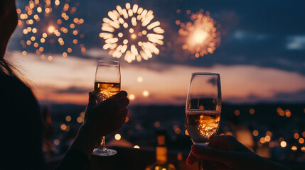 Celebratory toast with champagne glasses as fireworks light up the New Year's Eve sky