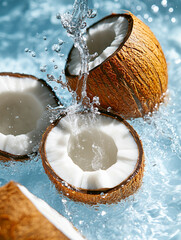 Wall Mural - Fresh coconut halves being splashed by water against light blue background, perfect for summer drinks