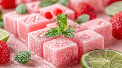 Wall Mural -   A close-up of fresh fruit and clear ice cubes topped with a sprig of mint