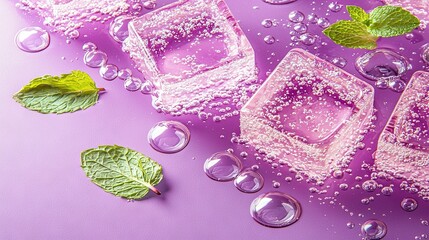 Canvas Print -   Ice cubes, mint leaves, and water on a purple surface with bubble droplets