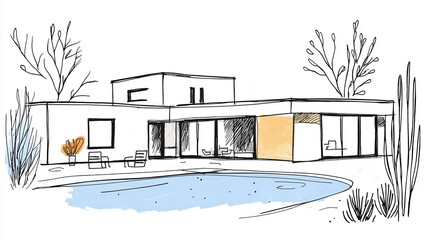 Contemporary minimalist house sketch with pool and modern architecture design