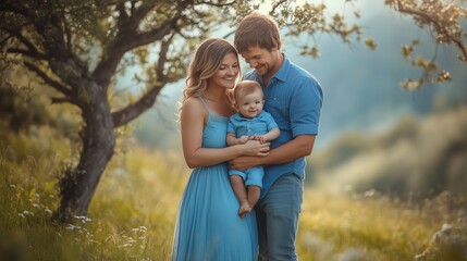 Wall Mural - A joyful family smiles together in a lush green field during sunset, capturing a warm moment of love and happiness with their baby