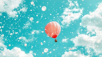 Poster -   A red hot air balloon soaring through a blue sky dotted with fluffy white clouds on a sunny day