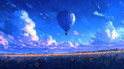 Wall Mural -   A painting of a blue hot air balloon flying over a field of sunflowers under a cloudy sky is already optimized and does not require any fixes