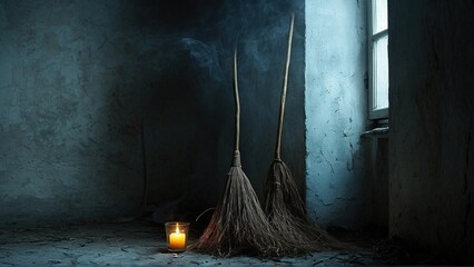 Two broomsticks leaning against a wall with a lit candle in a dark room.