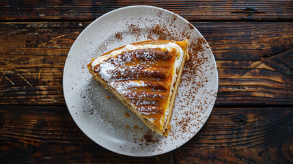 Slice of scrumptious cake with creamy filling rests on a white plate atop a wooden table, dusted with powdered sugar