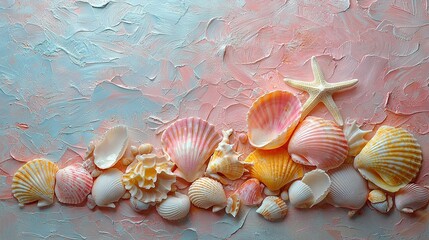 Poster -   A painting of seashells and a starfish on a pink, blue, and white background with a pink background