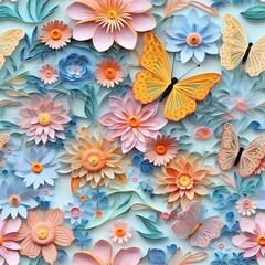 Wall Mural - brightly colored paper flowers and butterflies are arranged on a blue background